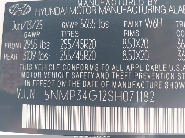 2025 Hyundai Santa Fe Hybrid Limited მანქანა იყიდება აუქციონზე, vin: 5NMP34G12SH071182, აუქციონის ნომერი: 45646965