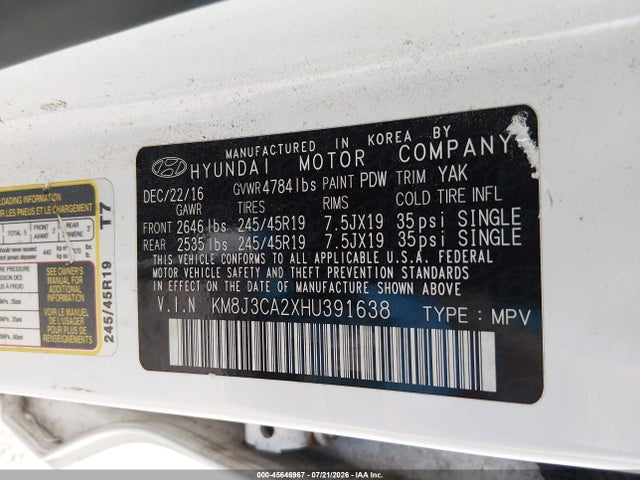 Aukcja sprzedaży 2017 Hyundai Tucson Sport, vin: KM8J3CA2XHU391638, numer aukcji: 45646967