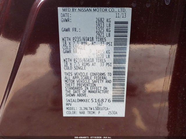 Продажа на аукционе авто 2014 Infiniti Qx60, vin: 5N1AL0MMXEC516876, номер лота: 45646973