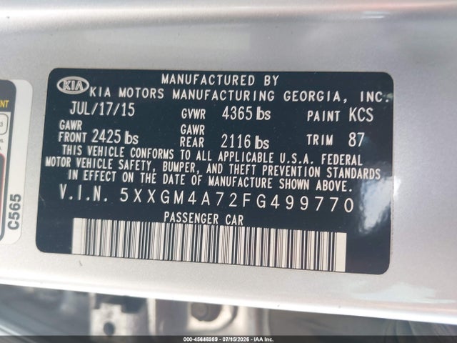 Aukcja sprzedaży 2015 Kia Optima Lx, vin: 5XXGM4A72FG499770, numer aukcji: 45646989