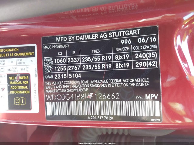 45646995 :رقم المزاد ، WDC0G4JB8HF126662 vin ، 2017 Mercedes-benz Glc 300 مزاد بيع