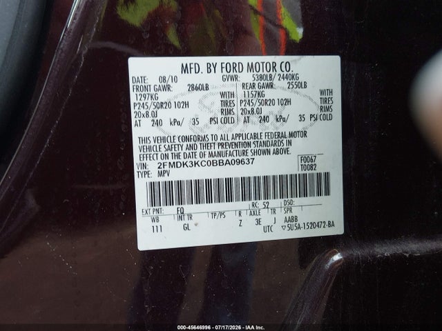 45646996 :رقم المزاد ، 2FMDK3KC0BBA09637 vin ، 2011 Ford Edge Limited مزاد بيع