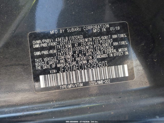 45646998 :رقم المزاد ، JF2GTAEC1K8292603 vin ، 2019 Subaru Crosstrek 2.0i Premium مزاد بيع