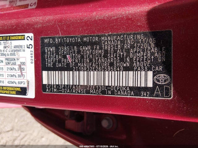 Aukcja sprzedaży 2006 Toyota Corolla Ce, vin: 2T1BR32E26C595649, numer aukcji: 45647003