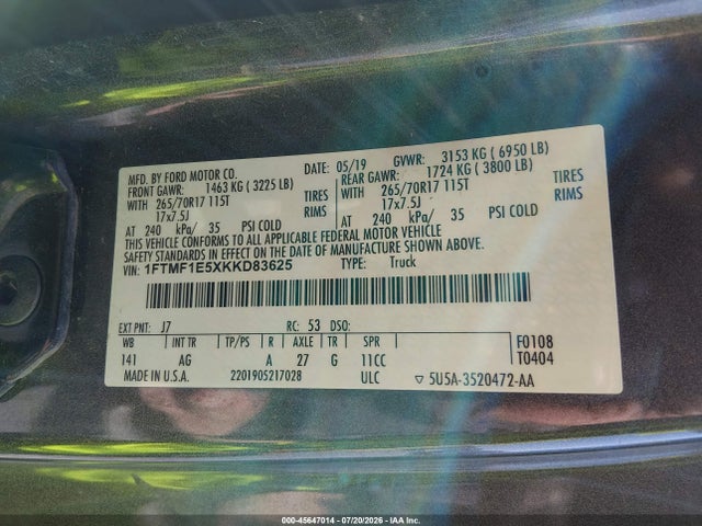 Продажа на аукционе авто 2019 Ford F-150 Xl, vin: 1FTMF1E5XKKD83625, номер лота: 45647014