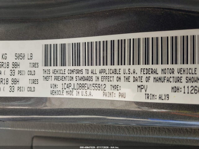 45647029 :رقم المزاد ، 1C4PJLDB8EW155912 vin ، 2014 Jeep Cherokee Limited مزاد بيع