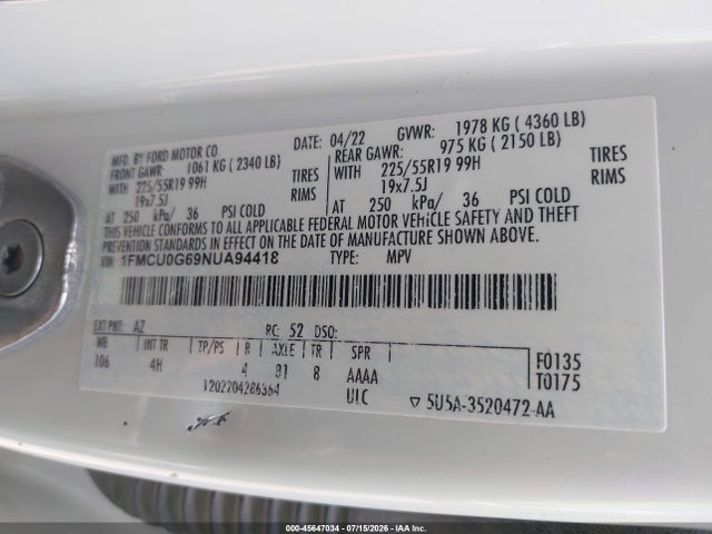Ford ESCAPE SE 2022 1FMCU0G69NUA94418 Image 9