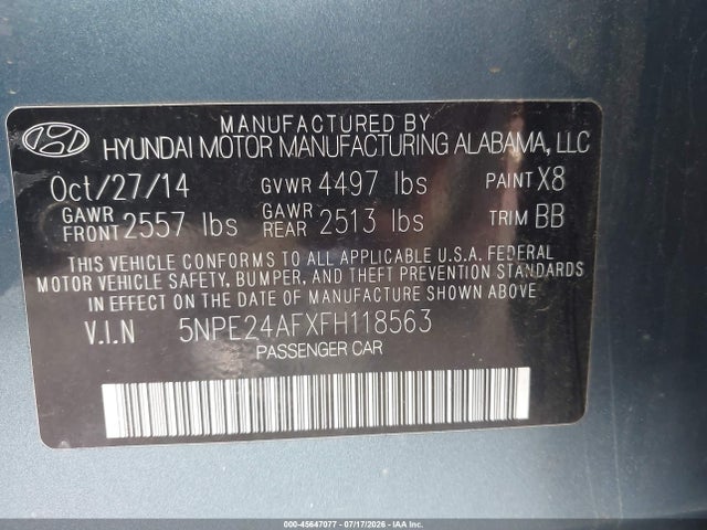 Aukcja sprzedaży 2015 Hyundai Sonata Se, vin: 5NPE24AFXFH118563, numer aukcji: 45647077