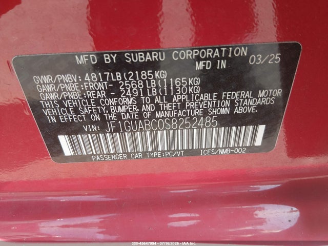 Aukcja sprzedaży 2025 Subaru Impreza Base 5-door, vin: JF1GUABC0S8252485, numer aukcji: 45647094