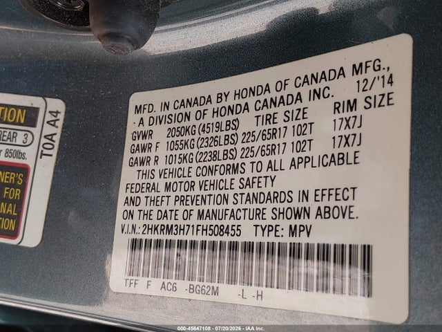 2HKRM3H71FH508455 Honda Cr-v Ex-l