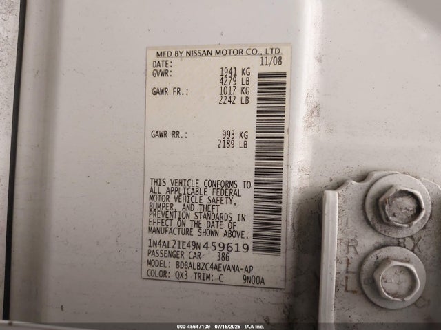 2009 Nissan Altima 2.5 S მანქანა იყიდება აუქციონზე, vin: 1N4AL21E49N459619, აუქციონის ნომერი: 45647109