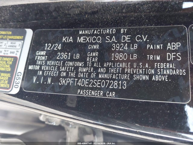 45647141 :رقم المزاد ، 3KPFT4DE2SE072813 vin ، 2025 Kia K4 Lx مزاد بيع