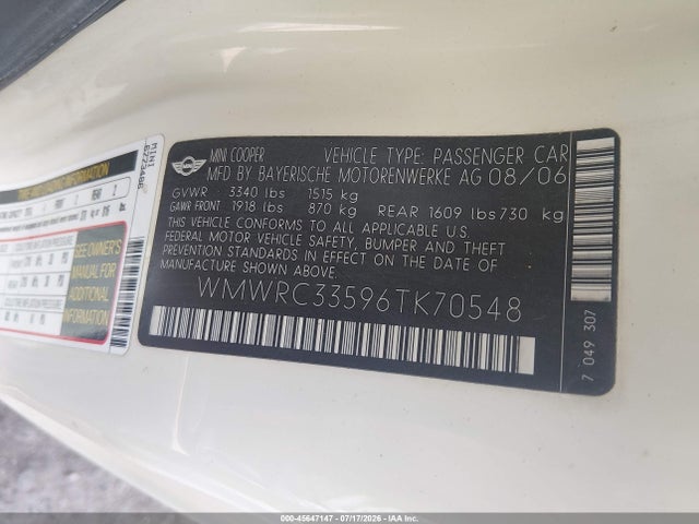 2006 Mini Cooper მანქანა იყიდება აუქციონზე, vin: WMWRC33596TK70548, აუქციონის ნომერი: 45647147