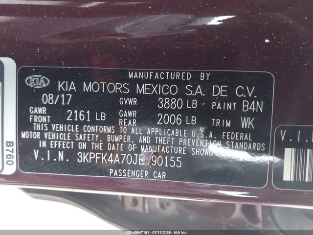 45647151 :رقم المزاد ، 3KPFK4A70JE190155 vin ، 2018 Kia Forte Lx مزاد بيع