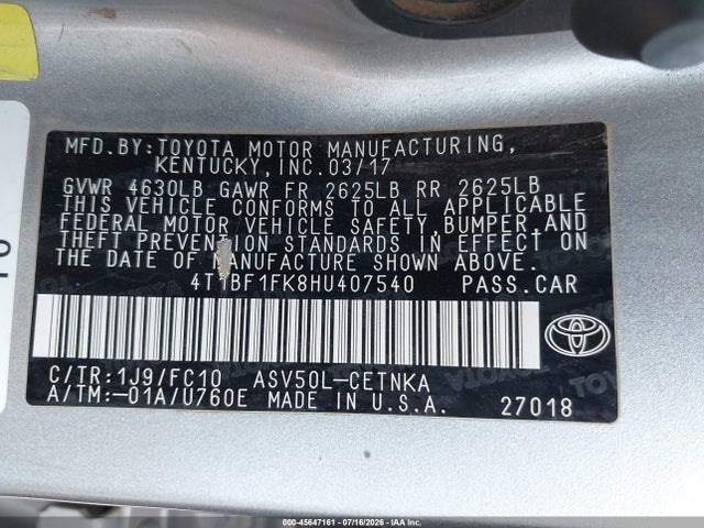 Aukcja sprzedaży 2017 Toyota Camry Le, vin: 4T1BF1FK8HU407540, numer aukcji: 45647161