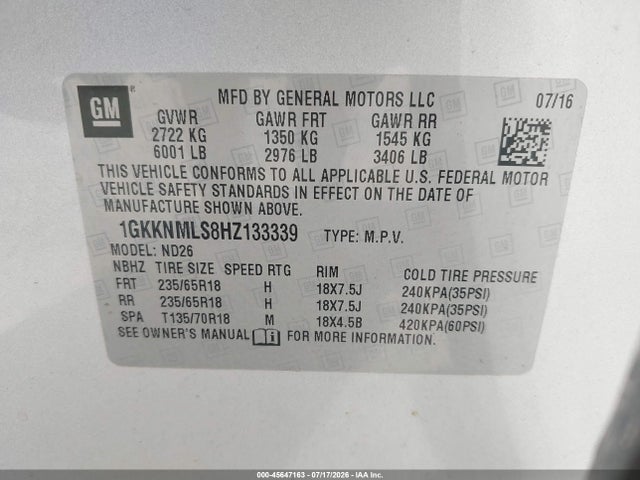 Продаж на аукціоні авто 2017 Gmc Acadia Slt-1, vin: 1GKKNMLS8HZ133339, номер лоту: 45647163