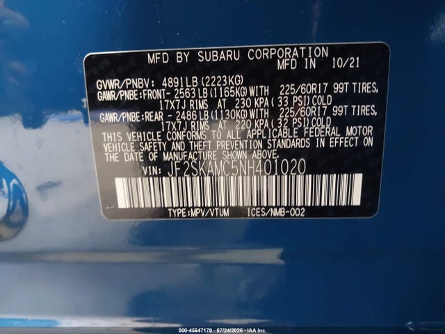 Aukcja sprzedaży 2022 Subaru Forester Wilderness, vin: JF2SKAMC5NH401020, numer aukcji: 45647179
