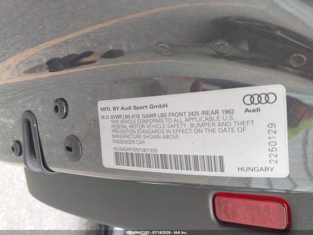 Aukcja sprzedaży 2021 Audi Tt Rs Tfsi Quattro S Tronic, vin: WUAASAFV0M1901329, numer aukcji: 45647182