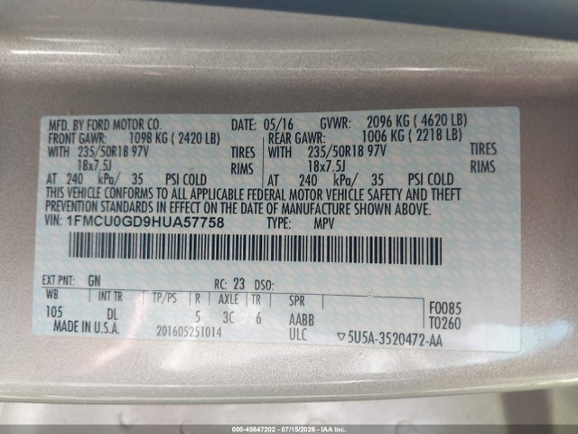 Ford ESCAPE SE 2017 1FMCU0GD9HUA57758 Image 9