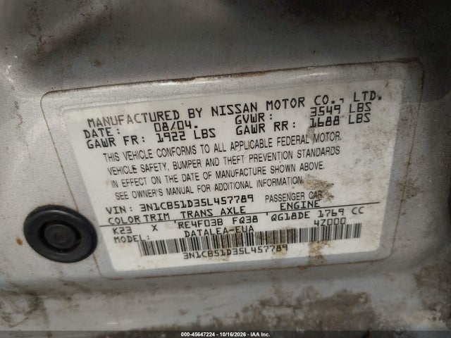 Продажа на аукционе авто 2005 Nissan Sentra 1.8s, vin: 3N1CB51D35L457789, номер лота: 45647224