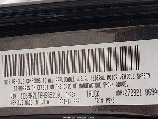 45647231 :رقم المزاد ، 1C6RR7LT8HS852101 vin ، 2017 Ram 1500 Big Horn  4x4 5'7 Box مزاد بيع