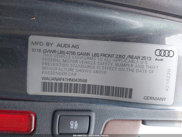 Aukcja sprzedaży 2017 Audi A4 Premium, vin: WAUANAF41HN043568, numer aukcji: 45647233