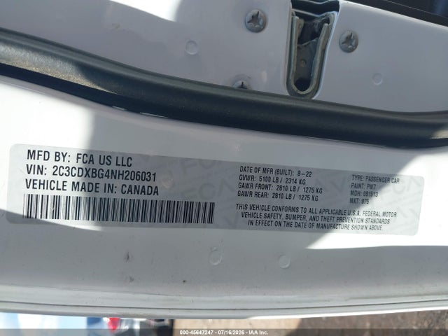 2022 Dodge Charger Sxt Rwd მანქანა იყიდება აუქციონზე, vin: 2C3CDXBG4NH206031, აუქციონის ნომერი: 45647247