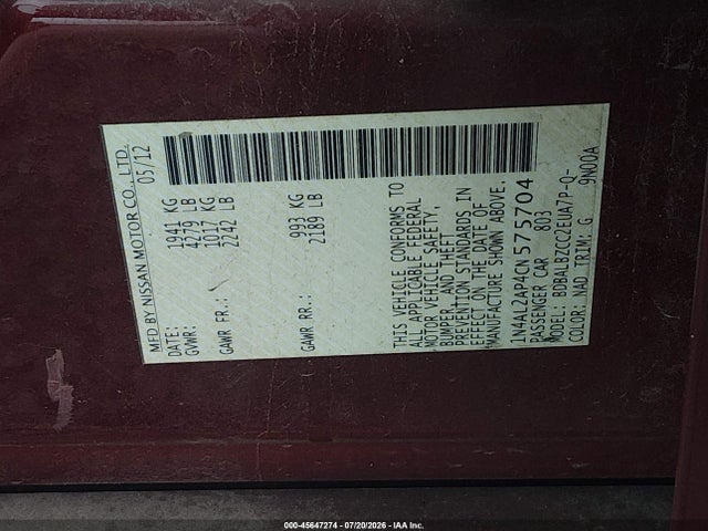 Aukcja sprzedaży 2012 Nissan Altima 2.5 S, vin: 1N4AL2AP4CN575704, numer aukcji: 45647274