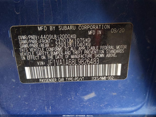 45647277 :رقم المزاد ، JF1VA1A68L9826483 vin ، 2020 Subaru Wrx مزاد بيع