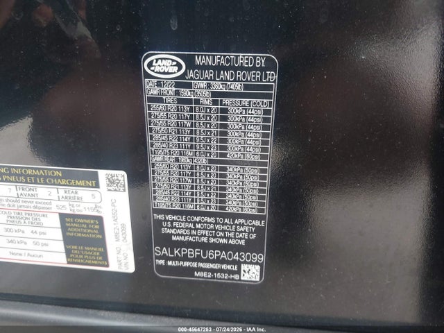 SALKPBFU6PA043099 Land Rover Range Rover P400 Se