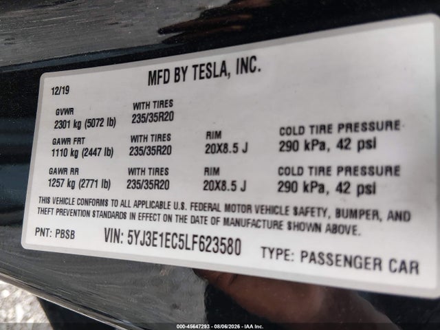 Продаж на аукціоні авто 2020 Tesla Model 3 Performance Dual Motor All-wheel Drive, vin: 5YJ3E1EC5LF623580, номер лоту: 45647293