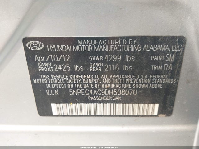 Aukcja sprzedaży 2013 Hyundai Sonata Se, vin: 5NPEC4AC9DH508070, numer aukcji: 45647294