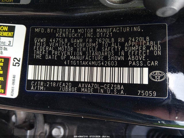2021 Toyota Camry Se მანქანა იყიდება აუქციონზე, vin: 4T1G11AK4MU542603, აუქციონის ნომერი: 45647318