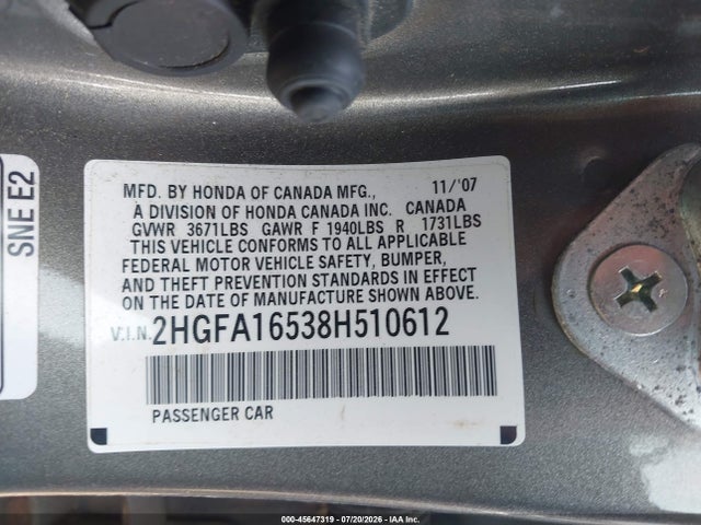 Продажа на аукционе авто 2008 Honda Civic Lx, vin: 2HGFA16538H510612, номер лота: 45647319