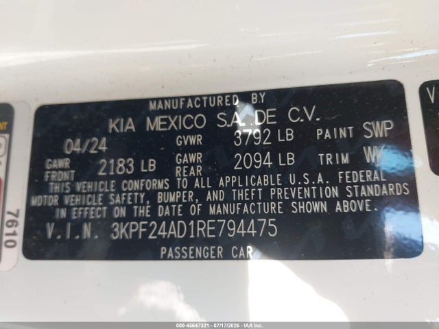 Aukcja sprzedaży 2024 Kia Forte Lxs, vin: 3KPF24AD1RE794475, numer aukcji: 45647321