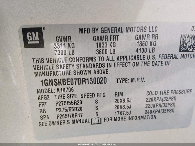 45647331 :رقم المزاد ، 1GNSKBE07DR130020 vin ، 2013 Chevrolet Tahoe Lt مزاد بيع