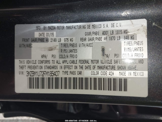 45647340 :رقم المزاد ، 3MZBM1U72FM185407 vin ، 2015 Mazda Mazda3 I Sport مزاد بيع