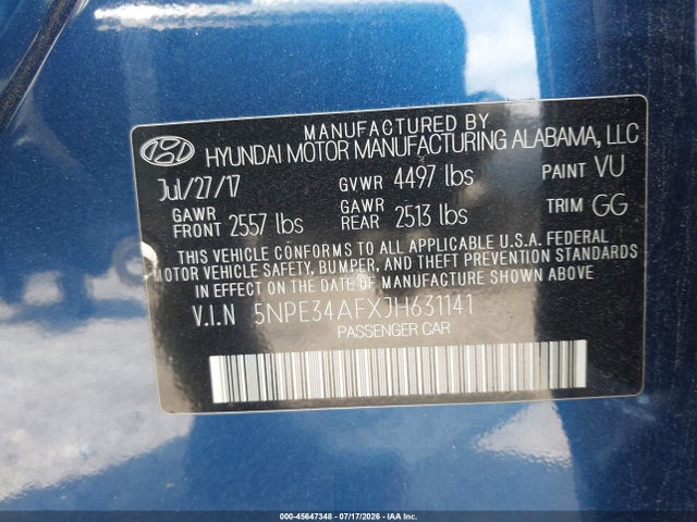Aukcja sprzedaży 2018 Hyundai Sonata Sel, vin: 5NPE34AFXJH631141, numer aukcji: 45647348