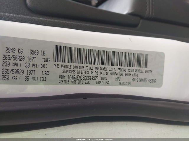 2019 Jeep Grand Cherokee Altitude 4x2 მანქანა იყიდება აუქციონზე, vin: 1C4RJEAG5KC614573, აუქციონის ნომერი: 45647374