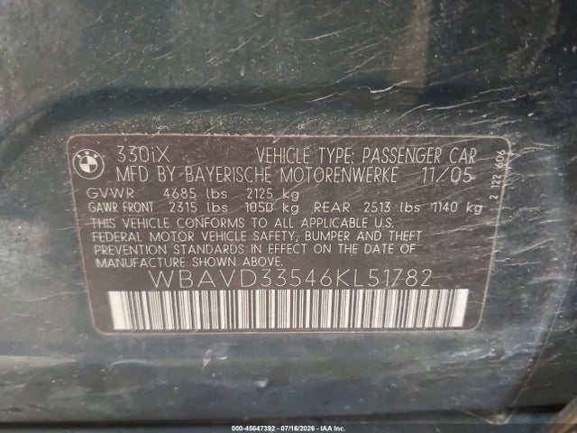 45647392 :رقم المزاد ، WBAVD33546KL51782 vin ، 2006 Bmw 330xi مزاد بيع