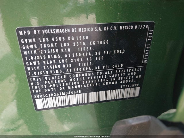 Продажа на аукционе авто 2026 Volkswagen Taos Se, vin: 3VVSC7B25TM044635, номер лота: 45647394