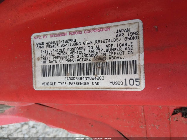 Aukcja sprzedaży 1992 Mitsubishi 3000 Gt, vin: JA3XD54B4NY064903, numer aukcji: 45647403