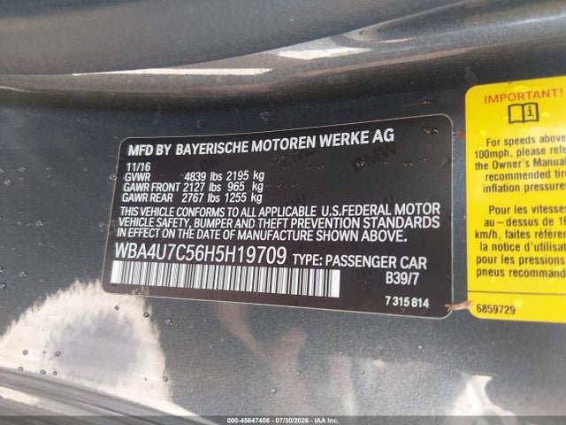 Aukcja sprzedaży 2017 Bmw 430i, vin: WBA4U7C56H5H19709, numer aukcji: 45647406