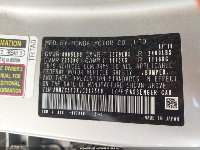 Продаж на аукціоні авто 2018 Honda Clarity Plug-in Hybrid Touring, vin: JHMZC5F3XJC012569, номер лоту: 45647427