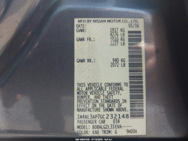 1N4AL3AP7GC232148 Nissan Altima 2.5/2.5 S/2.5 Sl/2.5 Sr/2.5 Sv