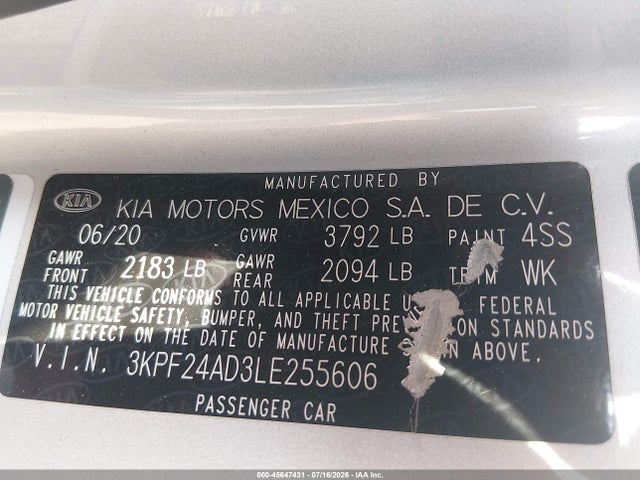 45647431 :رقم المزاد ، 3KPF24AD3LE255606 vin ، 2020 Kia Forte Lxs مزاد بيع
