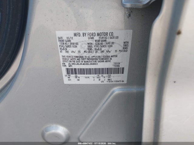 Aukcja sprzedaży 2013 Lincoln Mkx, vin: 2LMDJ8JK4DBL06863, numer aukcji: 45647432