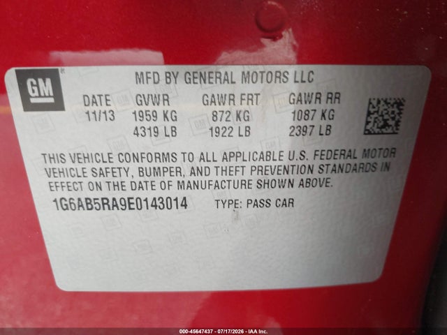 2014 Cadillac Ats Luxury მანქანა იყიდება აუქციონზე, vin: 1G6AB5RA9E0143014, აუქციონის ნომერი: 45647437