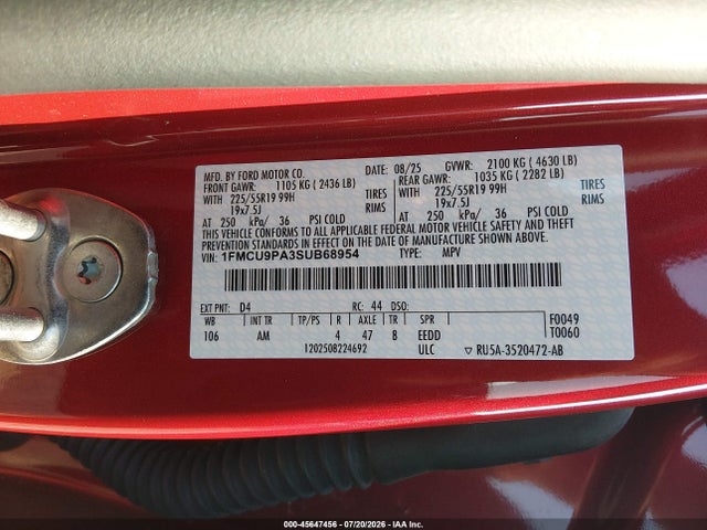 Auction sale of the 2025 Ford Escape St-line Elite, vin: 1FMCU9PA3SUB68954, lot number: 45647456