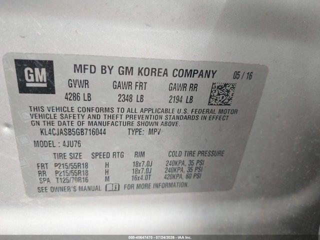 Aukcja sprzedaży 2016 Buick Encore, vin: KL4CJASB5GB716044, numer aukcji: 45647470